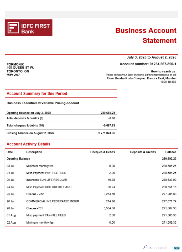 Download IDFC First company checking account statement Word and PDF template Photoshop template